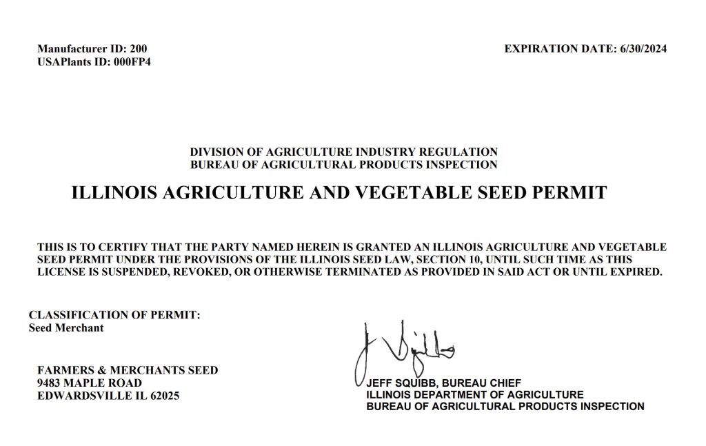 2023 Seed Permit issued by the state of Illinois